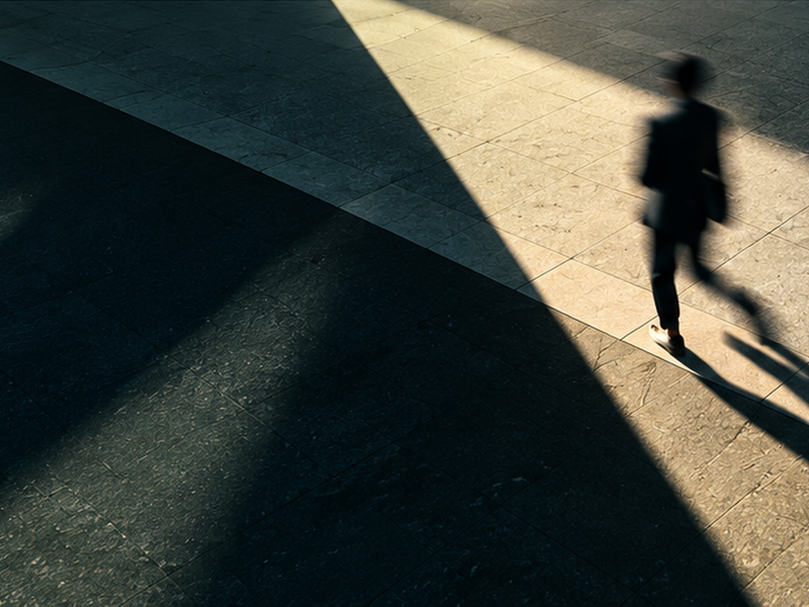 Person walking with a long dramatic shadow